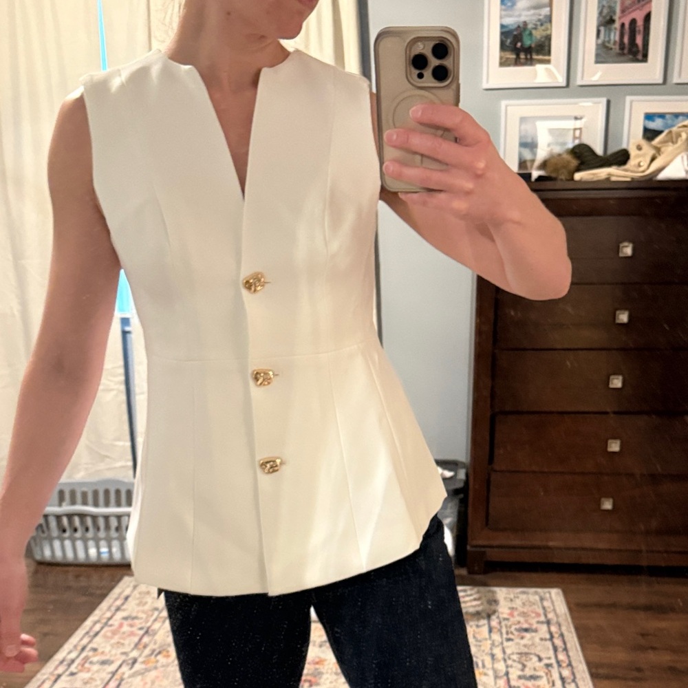 Commense White Sleeveless Peplum Vest with Gold Buttons